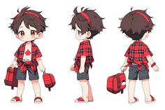 three different views of a young boy in plaid shirt and shorts with red suitcases