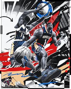 two basketball players collaged together in black and white with red, blue, and gold colors