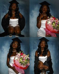 four different pictures of a woman in graduation attire holding flowers and a bouquet with her finger