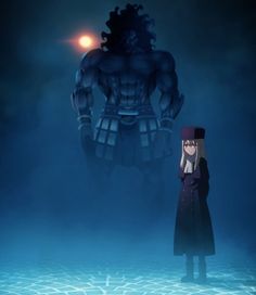 an anime character standing in front of a giant monster with his head turned to the side