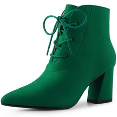 A lace-up ankle boot fits you. A block heel design allows the toes to move comfortably. You can adjust the strap at will until your foot fits, the durable faux suede outsole provides stability on slippery ground in the winter. Lace-up Ankle Boots; Pointed Toe; Chunky Heel; Lace-Up. Vamp: Faux Suede; Outsole: Rubber; Heel: ABS; Heel Height: 3 inches. Green Boots With Reinforced Heel And Closed Toe, Lace-up Boots With Stacked Heel, High Heel Boots Ankle Green, Green Pointed Toe Heeled Boots With Reinforced Heel, Green Ankle Boots With Reinforced Heel, Ankle Boots Pointed Toe, Green Ankle-high Boots With Reinforced Heel, Boot Fits, Lace Up Block Heel