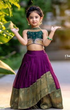 Saree Dress For Girls Kids, Crop Top Lehenga Hairstyles, Pattu Langa Designs For Kids, Kids Girls Dresses Indian, Kids Pavadai Blouse Designs, Baby Crop Top Designs, Baby Traditional Dress Indian, Baby Saree Kids, Baby Girl Lehenga Designs