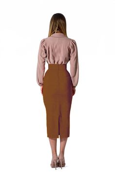 This Dark Brown Cotton Midi Skirt is made from 100% cotton crepe, providing breathability and comfort while also being durable and long-lasting. The midi length provides an elegant and timeless look suited for any occasion. Product Features Please Compare your Measurements To our Size Chart Before Purchase Fully Lined Fitted waist Center back seam with invisible zipper Regular fit- true to size Skirt Length is 30 Inches from Waist Hand Wash with mild soap. Fabric is a 100% Cotton Crepe Delivery