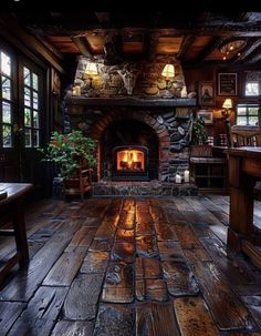 a room with wood floors and a fire place