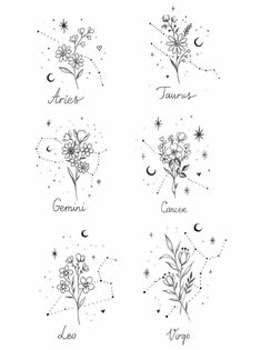 four different zodiac signs with flowers and stars in the sky, all on one side