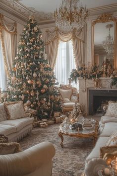 a living room filled with white furniture and a christmas tree in the middle of it