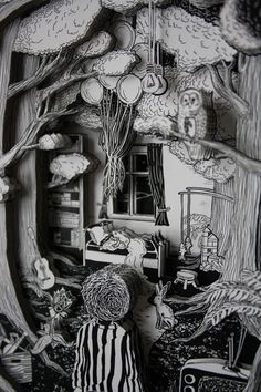 a black and white drawing of a room with an owl on the window sill