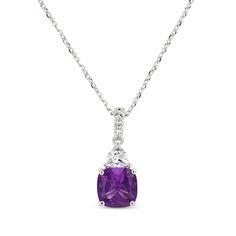 For her February birthday celebration or to mark any special occasion, thhs necklace is a stylish choice. Crafted in sterling silver A regal cushion-cut amethyst is topped with a dazzling trillion-cut white lab-created sapphire White lab-created sapphires sparkle along the bail Bezel-set round amethysts shimmer on both sides of the setting to complete the look The adjustable 18-inch cable chain secures with a lobster clasp Formal Cushion Cut Gemstone Necklace, Purple Necklace For Anniversary With Hallmark, Purple Cushion Cut Jewelry Gift, Purple Hallmarked Necklaces For Anniversary, Purple Necklaces For Anniversary, Sterling Silver Cushion Cut Wedding Necklaces, Sterling Silver Cushion Cut Necklace For Wedding, Classic Cushion Cut Purple Jewelry, Sterling Silver Wedding Necklaces