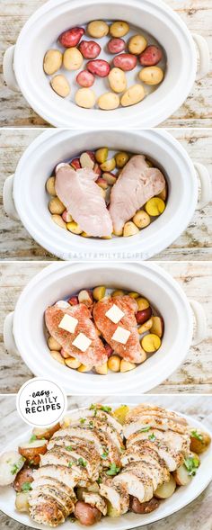 four different types of meats and vegetables in white bowls on a wooden table with text overlay