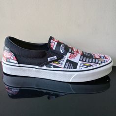 Vans Men's Classic Slip-On Label Mix Canvas Sneaker In Black / True White ~ Its Comfortable Silhouette, Easy Wearability & Beloved Design :) Retail: $75 Style: Unisex Condition: Brand New With Tag & Original Shoe Box Men's Size: 9.5 Graphic Print Slip-on Sneakers For Streetwear, Black Skate Shoes With Graphic Print For Sports, Black Graphic Print Skate Shoes For Sports, Black Skate Shoes With Graphic Print And Round Toe, Black Skate Shoes With Graphic Print For Streetwear, Casual Black Skate Shoes With Logo Print, Black Skate Shoes With Graphic Print, Black Graphic Print Skate Shoes For Streetwear, Vans Black And White