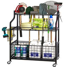 a metal rack holding cleaning supplies and tools