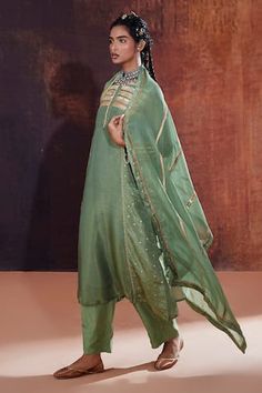 Green A-line kurta with sequin, lace, zardozi embroidered yoke. Paired with inner, narrow pant and dupatta. - Aza Fashions Rhea Kapoor, Mira Rajput, Genelia D'souza, Karisma Kapoor, Sanya Malhotra, Anushree Reddy, A Line Kurta, Rohit Bal, Kareena Kapoor Khan