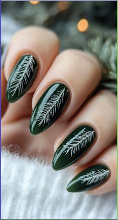 From minimalist nail art to trendy jelly nail designs, let these cute Korean nails take your beauty look to the next level. Pine Green Nails Design, Pine Tree Nails, Yule Nails, Forest Green Nail Designs, Green Christmas Nail Designs, Forest Nails, Green Christmas Nail, Forest Green Nails, Nails 2020 Trends