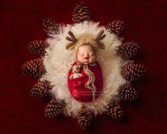 a doll is dressed as a deer in a red dress and pine cones on the floor