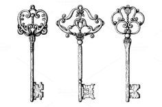 four antique keys with filigrees and scrolls on them, vintage line drawing or engraving