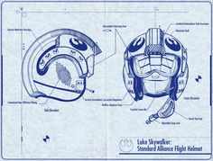 a blueprint drawing of a helmet with instructions on the front and side, including parts labeled