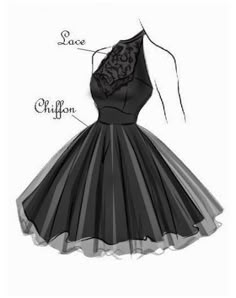 a drawing of a black dress with lace on the top and bottom, as well as an