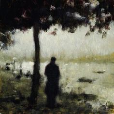 a painting of a man standing under a tree next to a body of water with sheep in the background