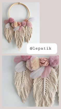 two pictures of the same wall hanging with flowers and feathers