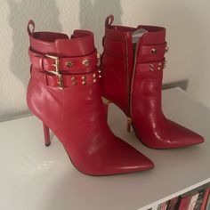 Cute Mk Red Ankle Boots With Gold Accents Red Ankle-high Boots With 4-inch Heel, Michael Kors High Heel Boots, Michael Kors Chic High Heel Boots, Chic Michael Kors High Heel Boots, Red Pointed Toe Boots With 4-inch Heel, Michael Kors Ankle-high Boots For Fall, Michael Kors High Heel Boots For Fall, Red Ankle Boots, Michael Kors Shoes