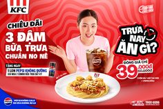 an advertisement for thai food with a woman holding up a plate of noodles and a drink