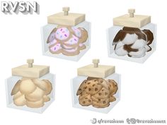 four different types of cookies in small boxes on a white background with the words rvsn above them