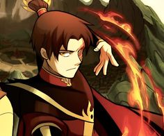 an anime character is holding his arm up in front of the camera, with flames coming from behind him