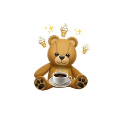 a brown teddy bear sitting with a cup of coffee in front of him and stars above it