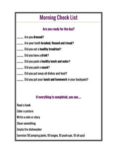 a printable morning check list for the day with question marks in purple and black