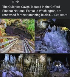 several pictures of the inside of an ice cave, including steps leading to different caves