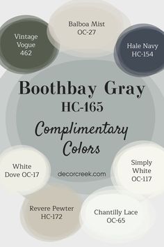 Boothbay Gray by Benjamin Moore is a soft, cool gray that pairs effortlessly with a range of complementary colors. White Dove and Simply White offer bright, crisp accents, while Revere Pewter and Balboa Mist add subtle, neutral tones for balance. Hale Navy and Vintage Vogue provide bold, deep contrasts, and Chantilly Lace brings a fresh, clean touch. This versatile palette creates a calm, sophisticated look, making it ideal for both modern and traditional spaces. Seattle Gray Benjamin Moore, Benjamin Moore Balboa Mist Coordinating Colors, Revere Pewter 75% Lighter, Balboa Mist Accent Color, Benjamin Moore Modern Farmhouse Colors, Balboa Mist And White Dove, Benjamin Moore White Dove Color Palette, Vintage Vogue Paint Benjamin Moore, Boothbay Grey Benjamin Moore