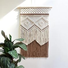 the wall hanging is decorated with macrame and tassels, along with a potted plant