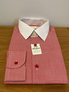 "Vintage unworn red and white micro check shirt with solid white collar in polyester cotton mix by Van Heusen.  Details: straight collar, red buttons, long sleeves, single cuff, regular fit.  Made in England  Size 15\" 38cm S/M" Red Button, Van Heusen, Check Shirt, Tee Dress, White Collar, Mens Shirt Dress, Men Dress, Red And White, England