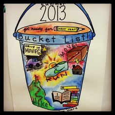 a drawing of a bucket with the words bucket list written on it and an image of a book inside