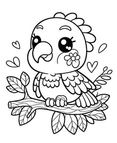 a cartoon bird sitting on top of a branch with leaves and hearts around its eyes