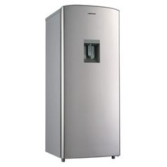 a silver refrigerator freezer sitting on top of a white wall