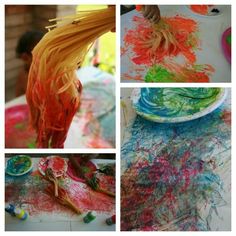 the collage shows different stages of art and crafts, including paper plates with colored paint on them