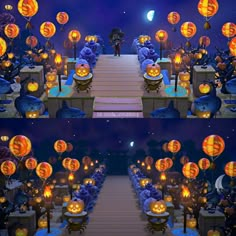 an animated halloween scene with pumpkins and jack - o - lanterns