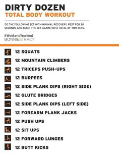 the dirty dozen total body workout plan is shown in orange and black, with instructions on how to do it