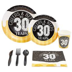 30th birthday party supplies including plates, napkins and cups for 30 years old men