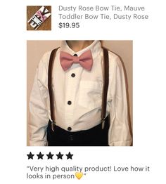 Dusty Rose Bow Tie & Leather Suspenders Your special guy will look so dashing when he shows up wearing this dusty rose bow tie and faux leather suspenders set! Our dusty rose mauve bow tie is a great choice for family photos, wedding, ring bearer outfit, page boy outfit, birthday celebration or any other special occasion. #mauve #bowtie #darkbrown #suspenders #wedding #outfitinspiration Wedding Suspenders, Mens Suspenders