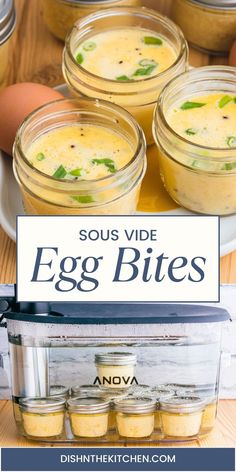 four jars filled with eggs sitting on top of a table