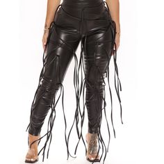 Pants With Strings, Y2k Pants, Leather Pants Women, Custom Size Dresses, Faux Leather Pants, Casual Lace, Leather Fringe, Slim Pants, Fashion Pants