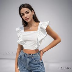 Lasaky - Sweetheart Neckline Sleeveless Top with Open-Back Strap and Ruffled Cap Sleeves White Sleeveless Feminine Crop Top, Feminine White Sleeveless Crop Top, Trendy White Ruffled Tank Top, White Fitted Ruffle Tank Top, White Fitted Ruffled Tank Top, Cute Fitted Sleeveless Crop Top, Cute Sleeveless Crop Top, Cute White Sleeveless Top, Casual White Ruffled Tank Top