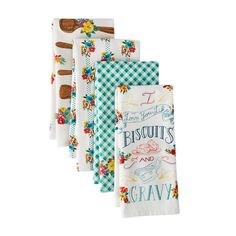 five tea towels with the words, i love biscuits and gravy on them