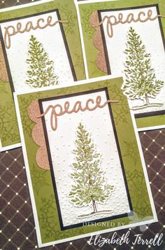 three cards with the words peace and a tree