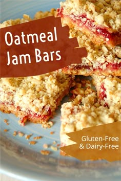 oatmeal jam bars stacked on top of each other with text overlay