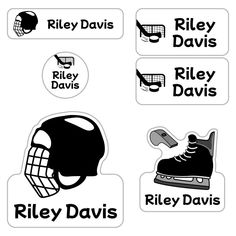 stickers with different types of sports related items in black and white, including hockey helmets