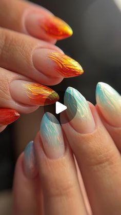 Sapphira | IL Nail Tech on Instagram: "Fire and ice nails tutorial! 🔥🧊 Thank you for all the love on these and the many 😅😅 requests for a tutorial. 

You repeat the same process but with a lighter and darker blue and the chrome listed below for the ice nails! 

I’m not a tutorial girlie but so many people requested this and I felt like it was hard to explain without a visual aid, ya know? I probably missed something so lmk in the comments if you have questions! 

Base: @nailthoughts x @kokoistusa Baby Cakes
Clear Builder: Nail Thoughts 
Textured Gel: @functionofvex Gelly Gem Glue
Chrome: @icegel_global Bali Sunset (tutorial flame nail), @riposonail_official Aurora Powder in Orange (original set), @vacationnailshop Lazer Pink (ice nails)" Sunset Tutorial, Ice Nails, Bali Sunset, Nails Tutorial, Visual Aid, Baby Cakes, So Many People, Fire And Ice, Nail Tutorials