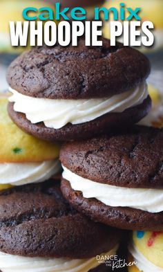 chocolate cake mix whoopie pies are stacked up on top of each other